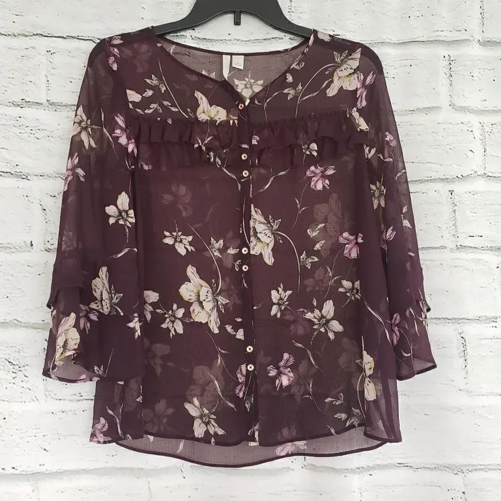 Lauren conrad Maroon floral semi sheer ruffle sleeve blouse Size Small